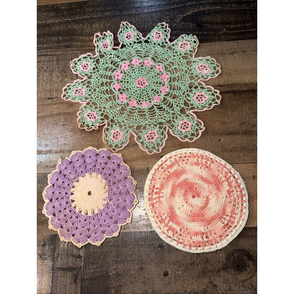 Vintage Handmade Crochet Doilies Lot Set of 3 Pink Green Purple Boho Table Decor